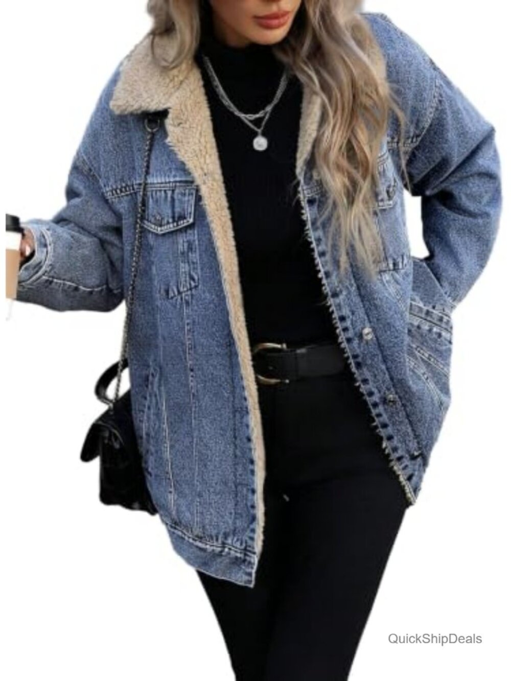 Women's Oversized Fleece Lined Trucker Denim Jacket Sherpa Button Front